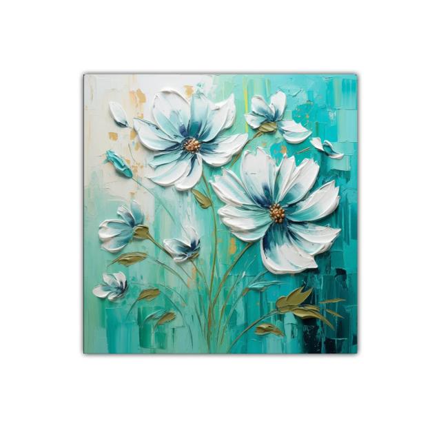 Cuadro floral en tonos turquesa y blanco con detalles dorados