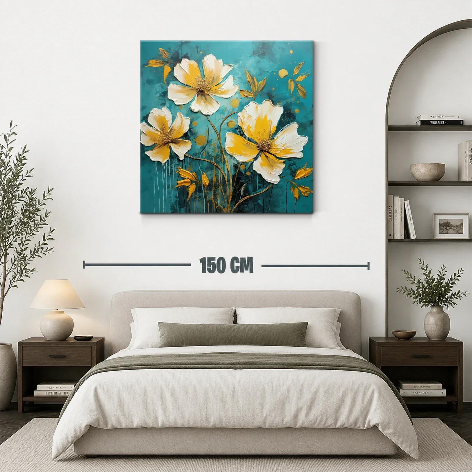Cuadro floral moderno en tonos cálidos y fondo azul profundo — miniatura 3