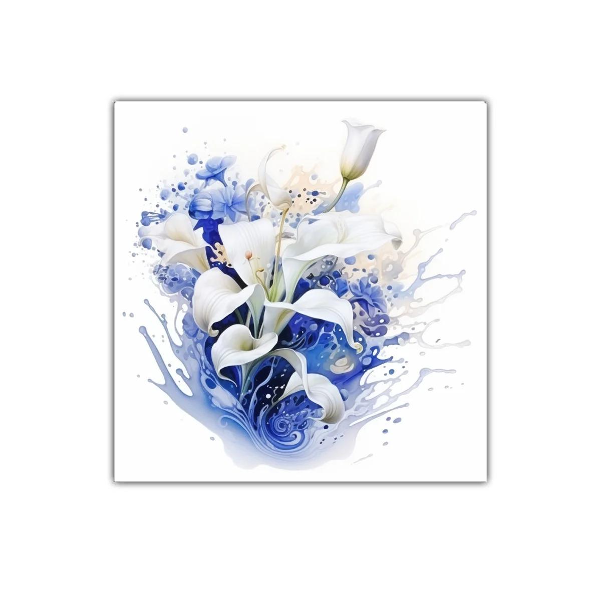 Cuadro decorativo con lirios blancos y salpicaduras azules — imagen principal