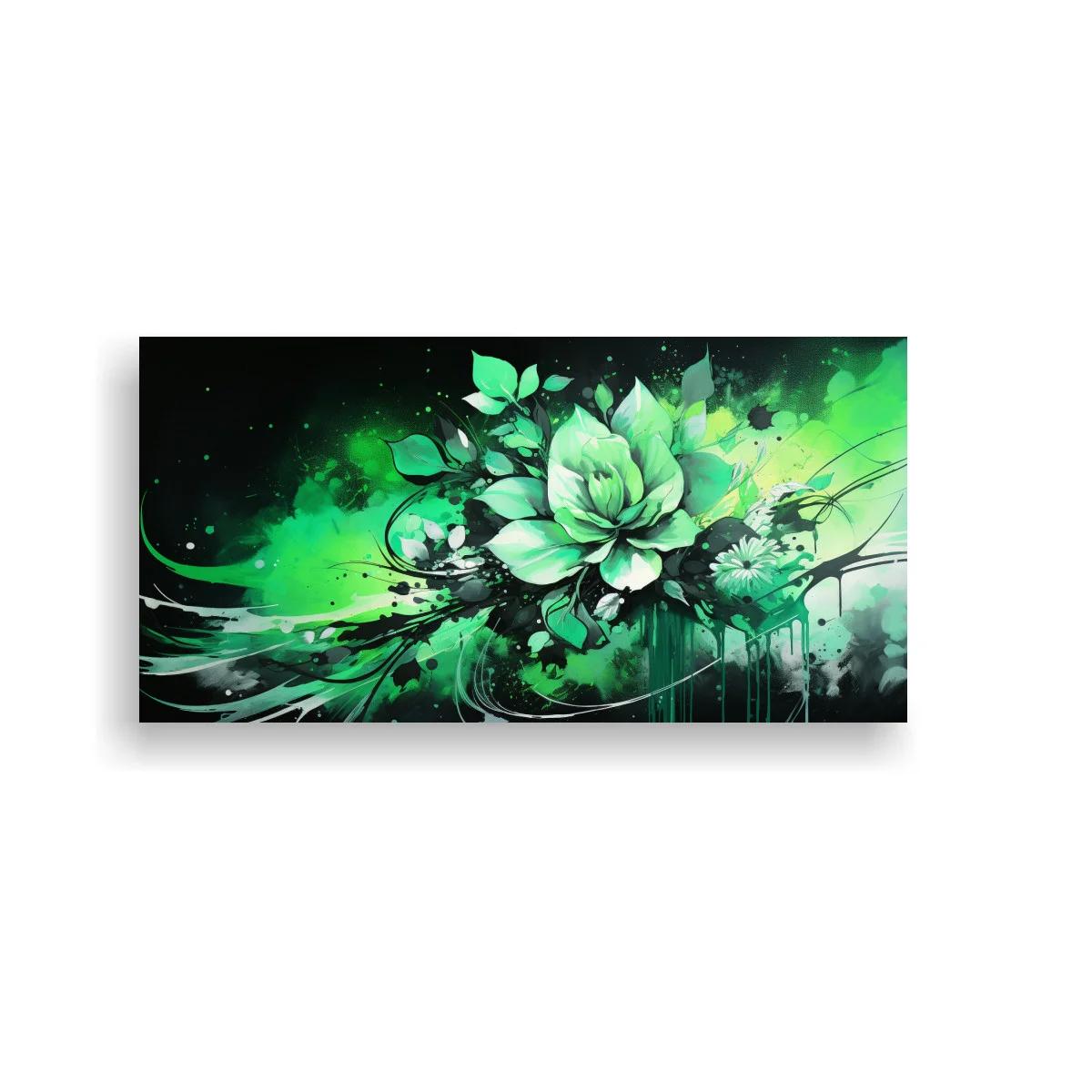 Cuadro flor verde tipo loto con trazos y salpicaduras