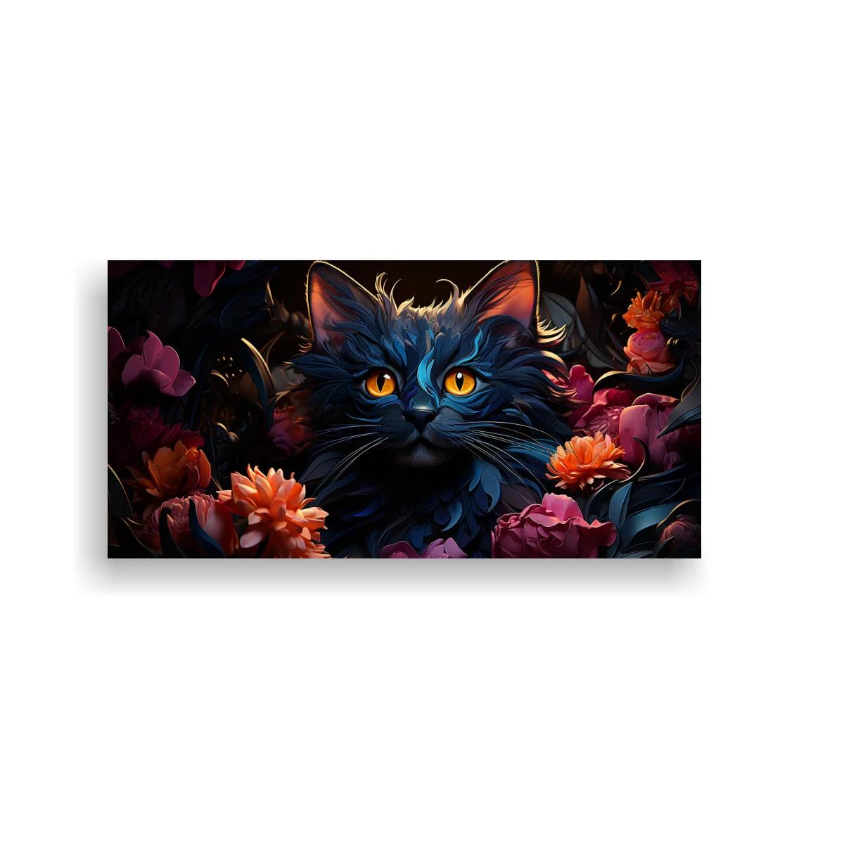 Cuadro gato de pelo largo entre flores rosadas
