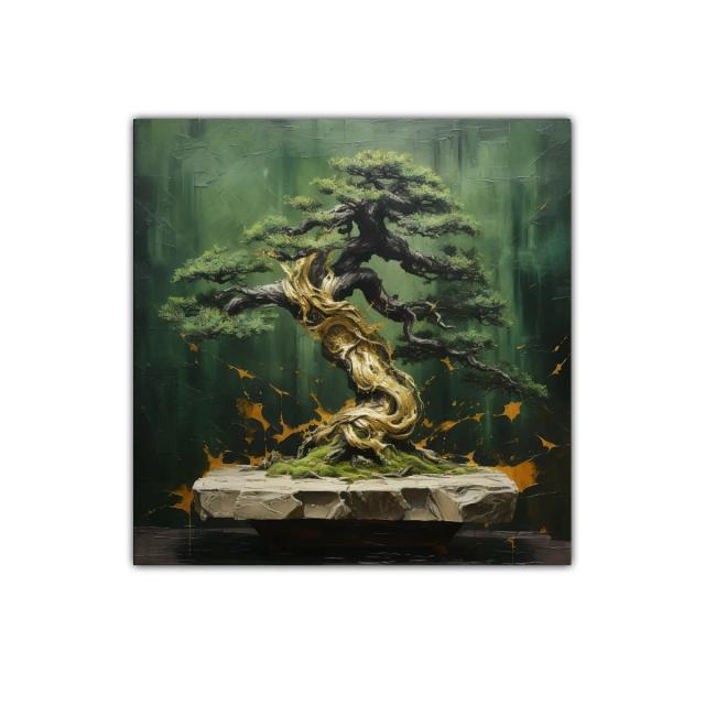 Cuadro árbol bonsái con tonos verdes y dorados