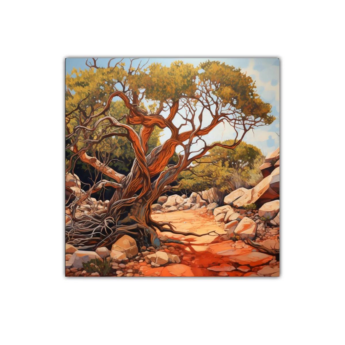 Paisaje natural con árbol antiguo y caminos entre rocas — imagen principal