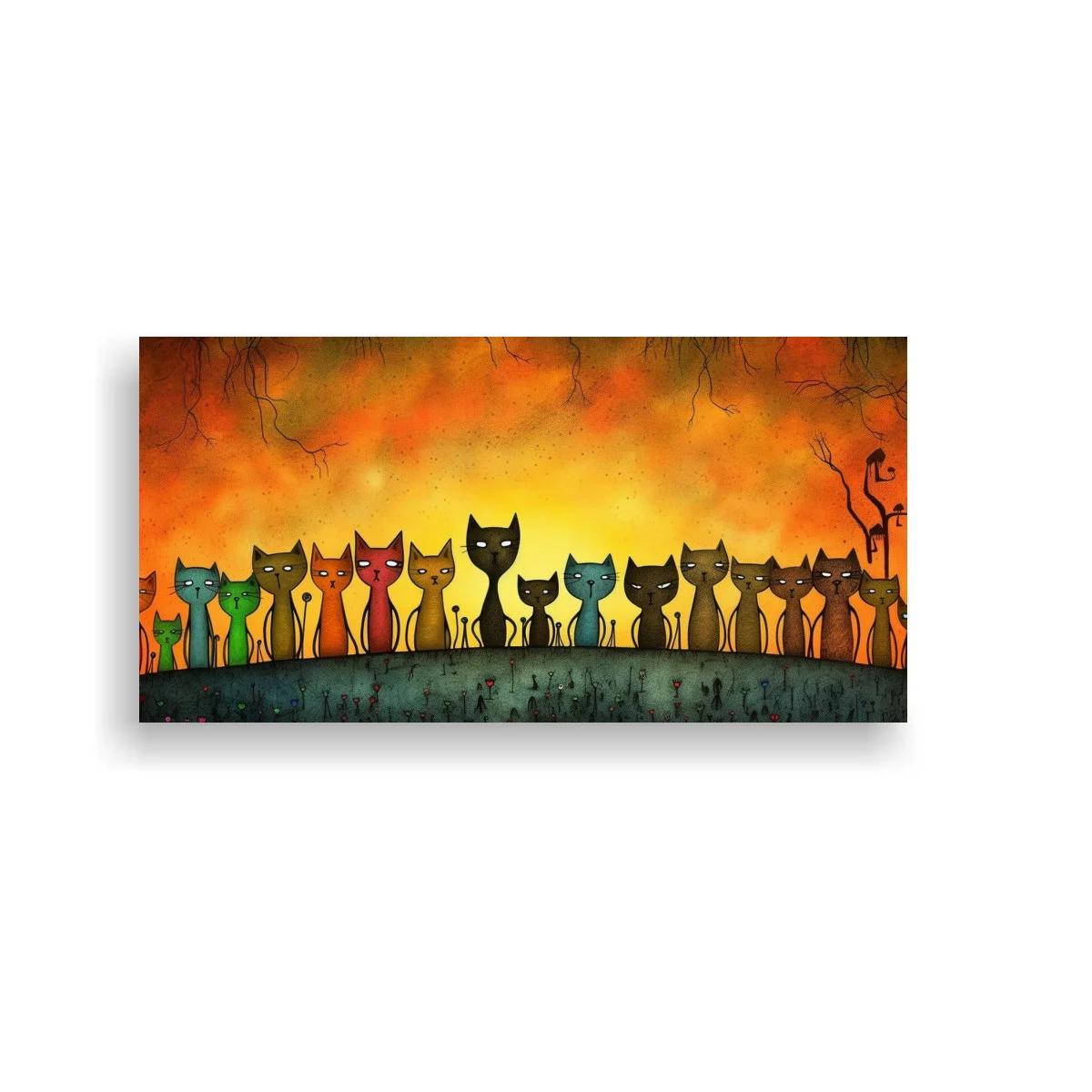 Cuadro fila de gatos de colores sobre loma oscura — imagen principal