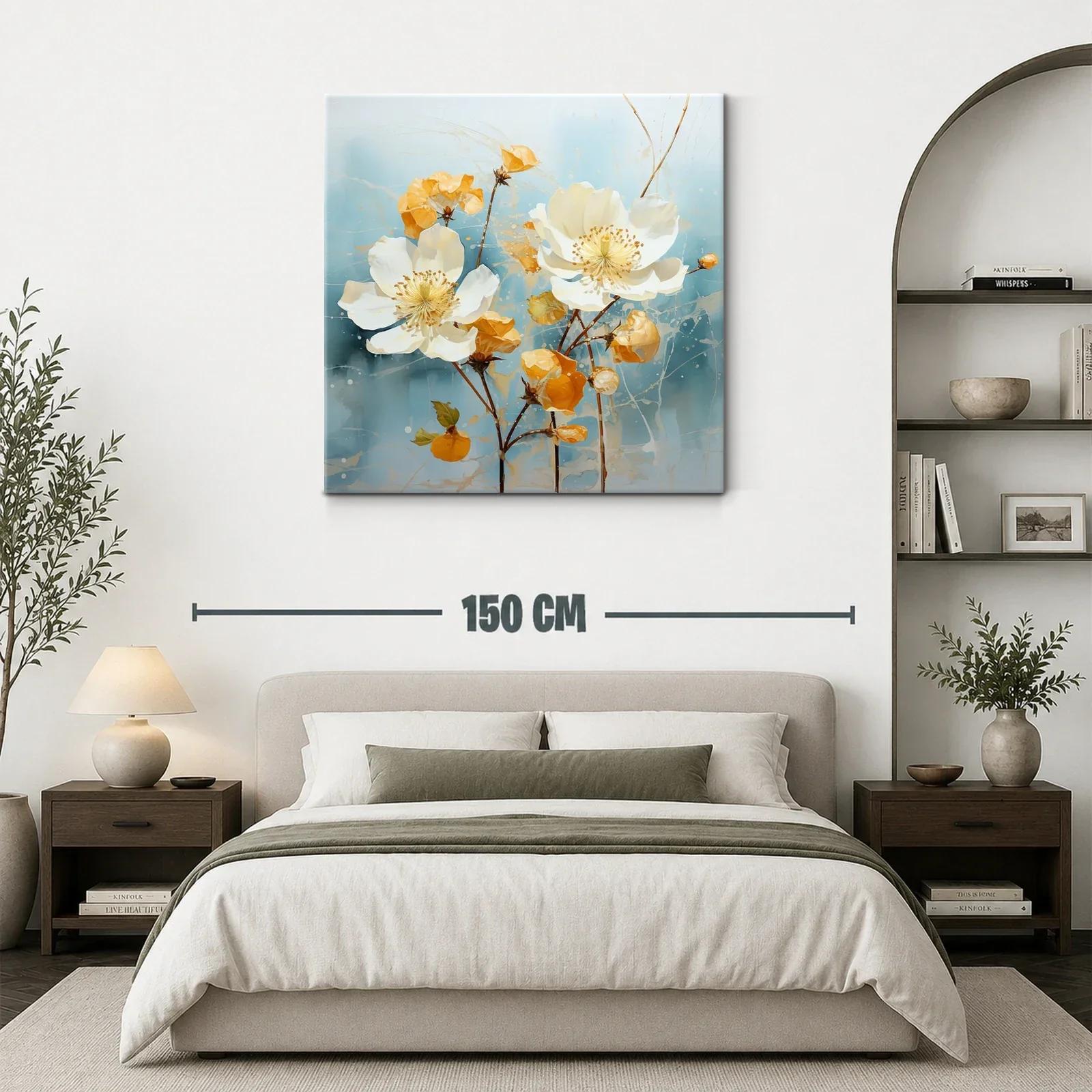 Cuadro con flores blancas y tonos cálidos sobre fondo azul — miniatura 3