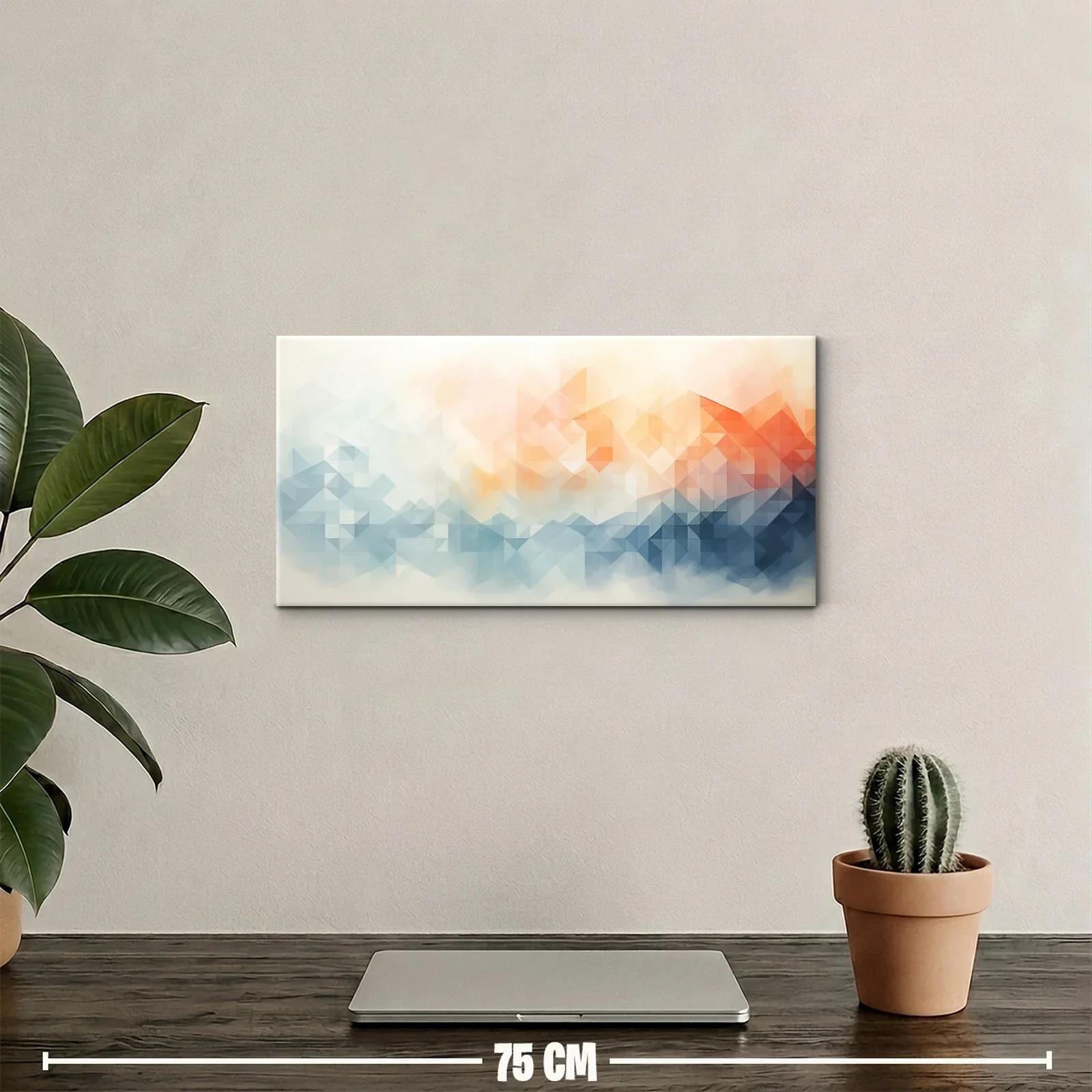 Cuadro paisaje geométrico abstracto en tonos coral y azul grisáceo — miniatura 2