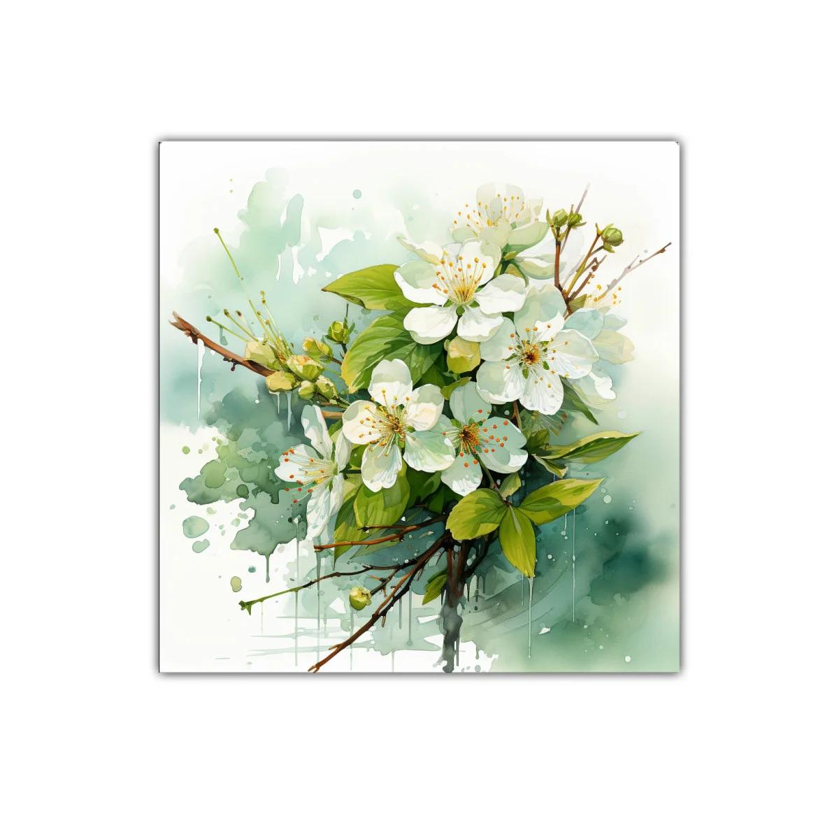 Cuadro con flores blancas y hojas verdes en composición delicada