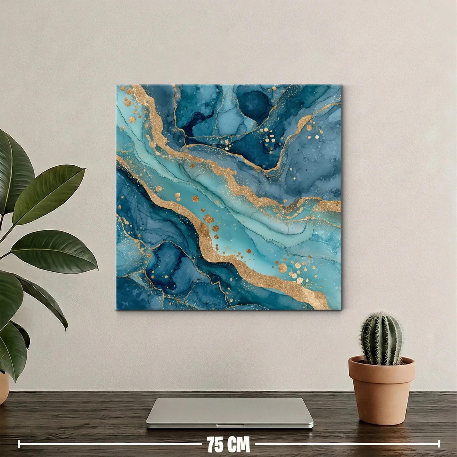 Cuadro abstracto con tonos azules y detalles dorados brillantes — miniatura 2