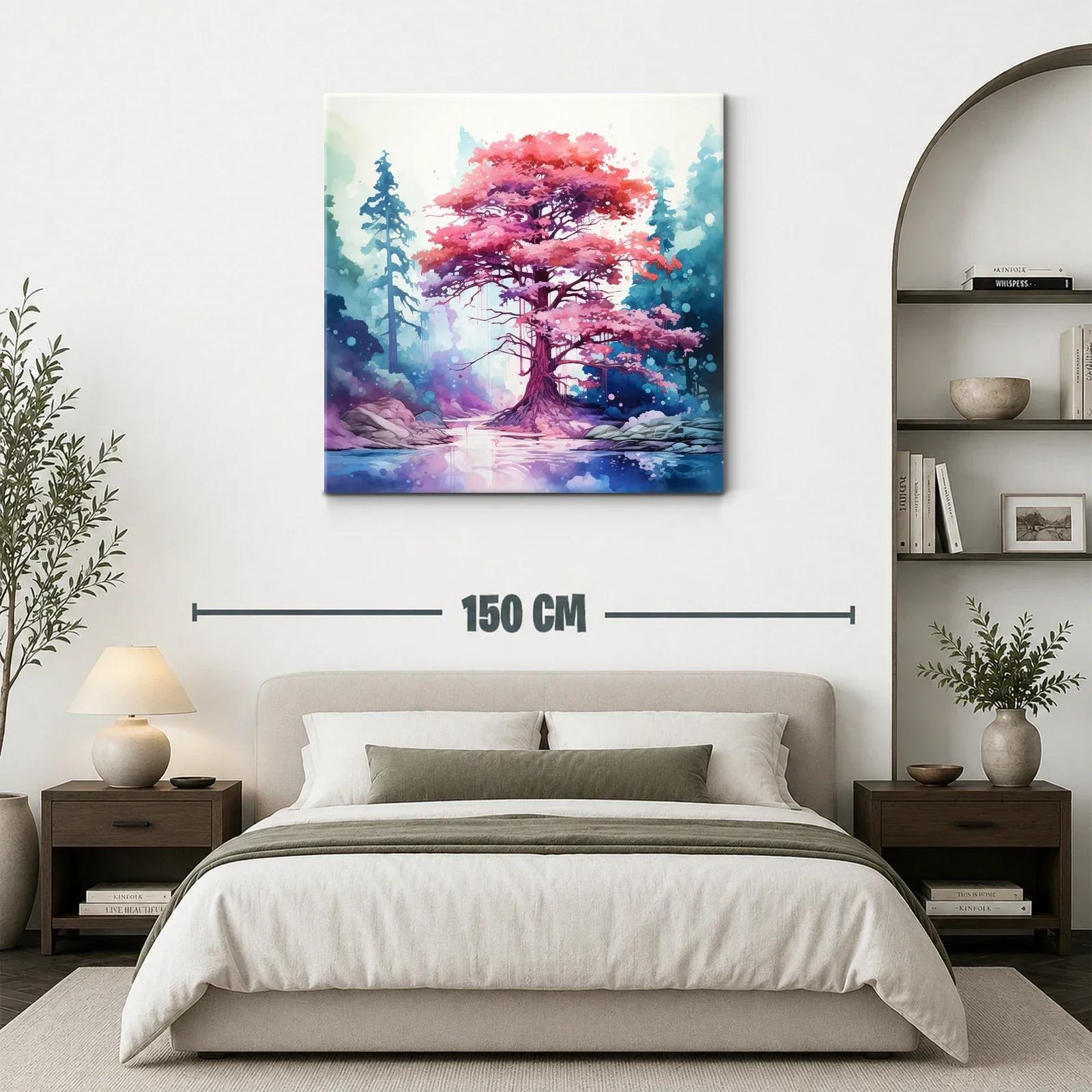Árbol rosa mágico entre bosque azul y lago tranquilo — miniatura 3