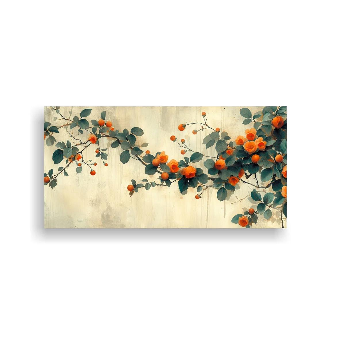 Cuadro ramas con flores naranjas y hojas verde azulado — imagen principal