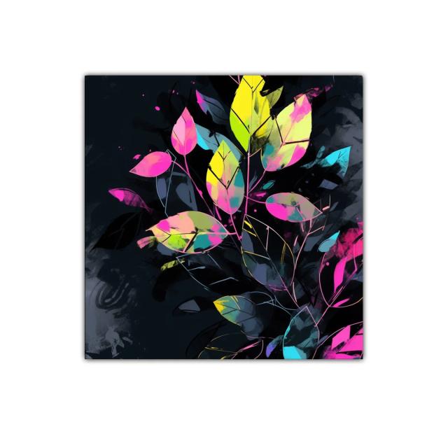 Cuadro decorativo con hojas en tonos neón sobre fondo oscuro