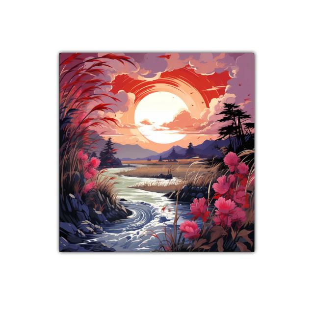 Paisaje natural al atardecer con flores y río serpenteante