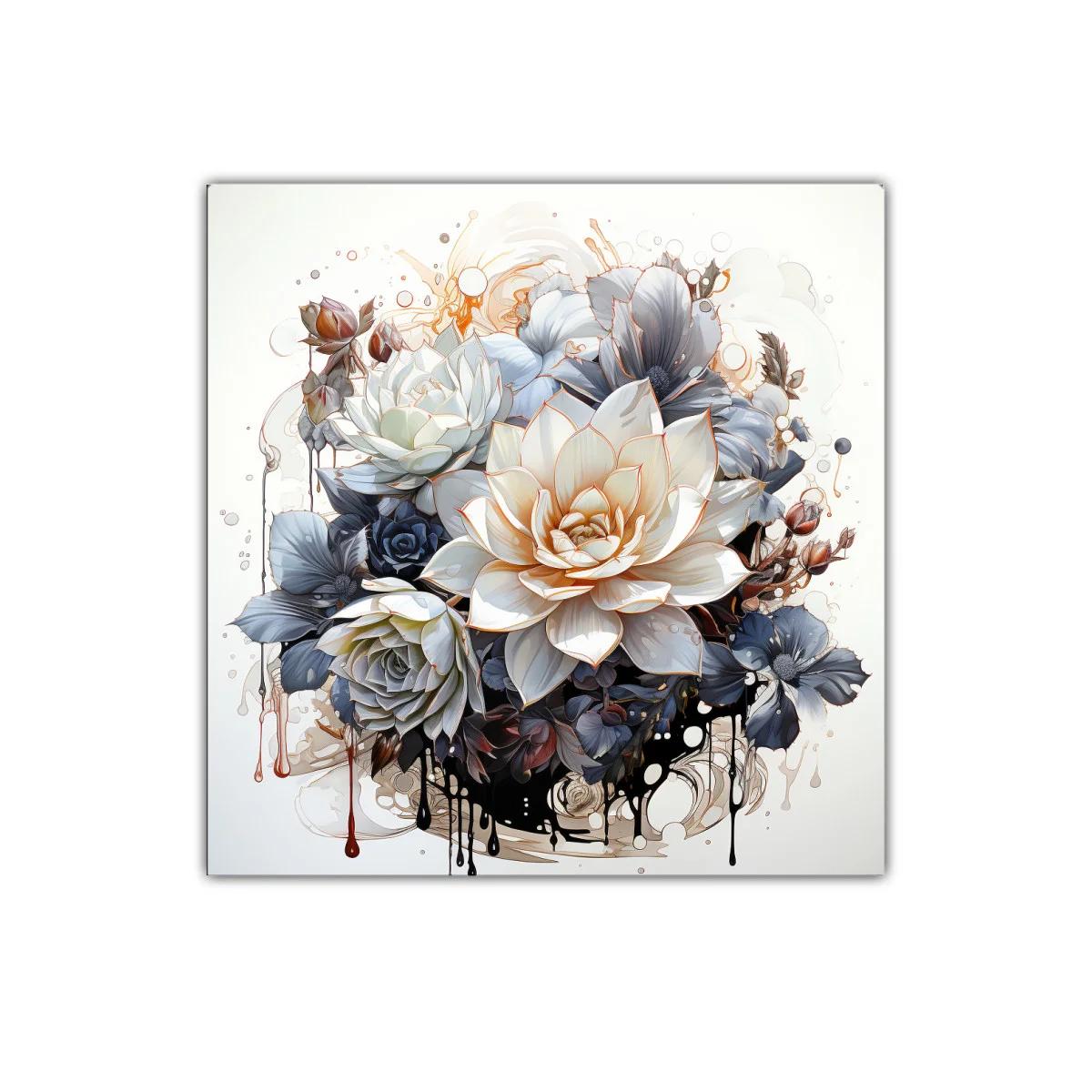 Composición floral elegante con tonos neutros y destellos dorados