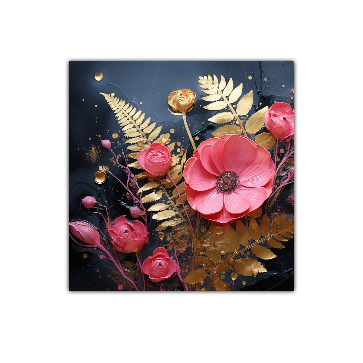 Cuadro decorativo con flores rosas y hojas doradas — imagen principal