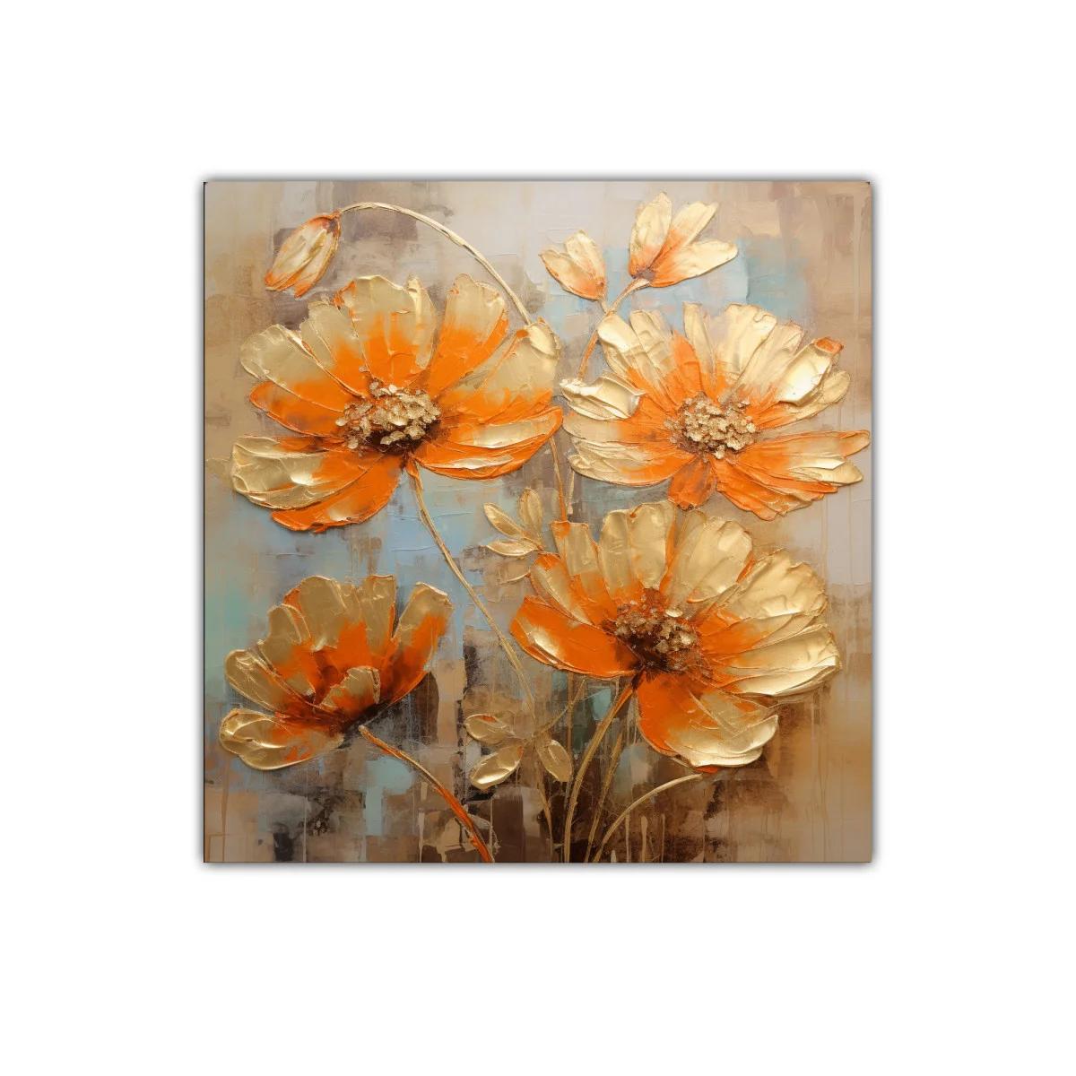 Cuadro decorativo con flores en tonos cálidos y dorados