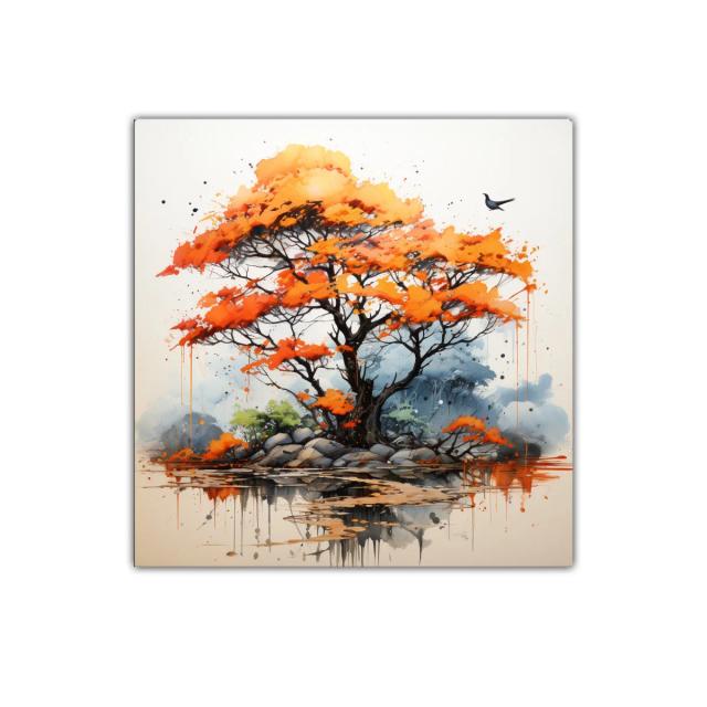 Árbol en otoño con tonos cálidos y reflejos de agua