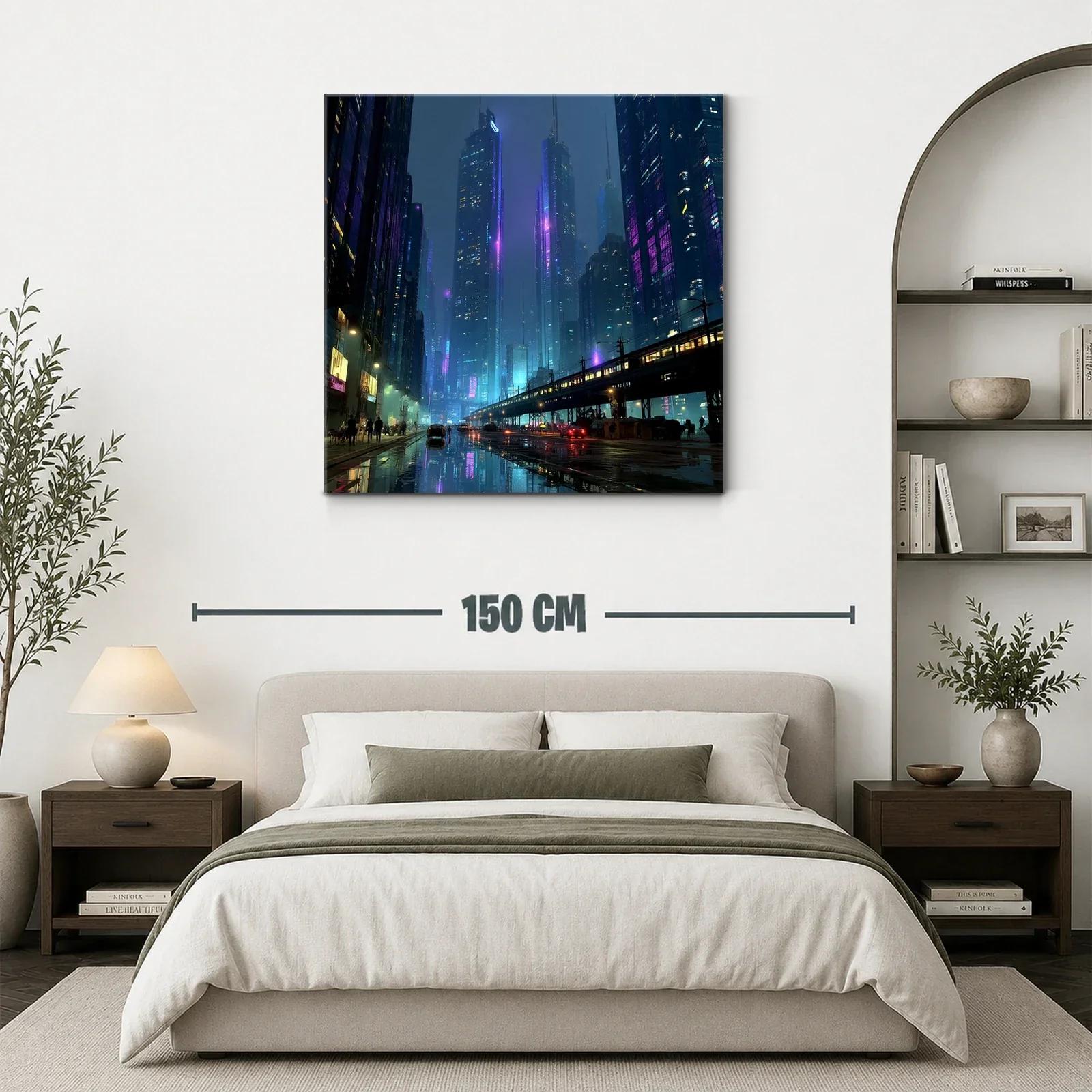 Ciudad nocturna futurista con luces de neón y reflejos urbanos — miniatura 3