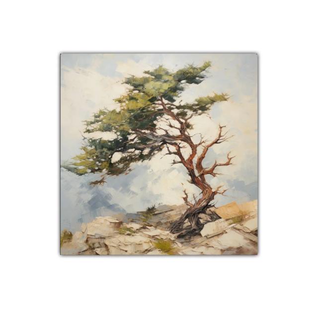 Árbol solitario sobre rocas con cielo despejado
