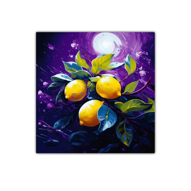Cuadro vibrante con limones y hojas sobre fondo púrpura