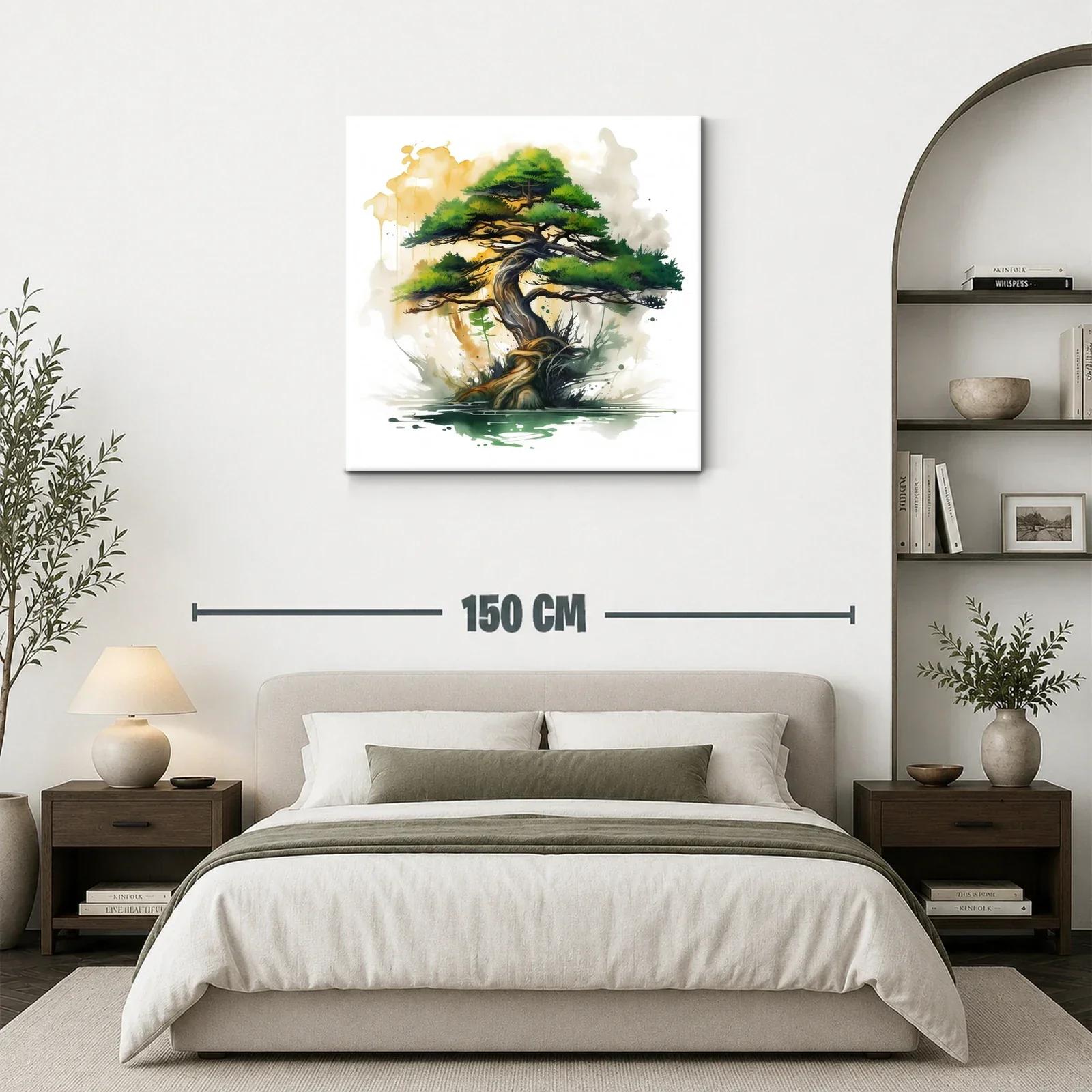 Árbol bonsái con tonos verdes y dorados en acuarela moderna — miniatura 3