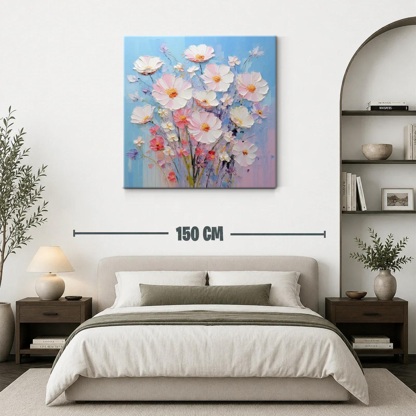 Cuadro ramo de flores delicadas en tonos pastel y fondo azul — miniatura 3