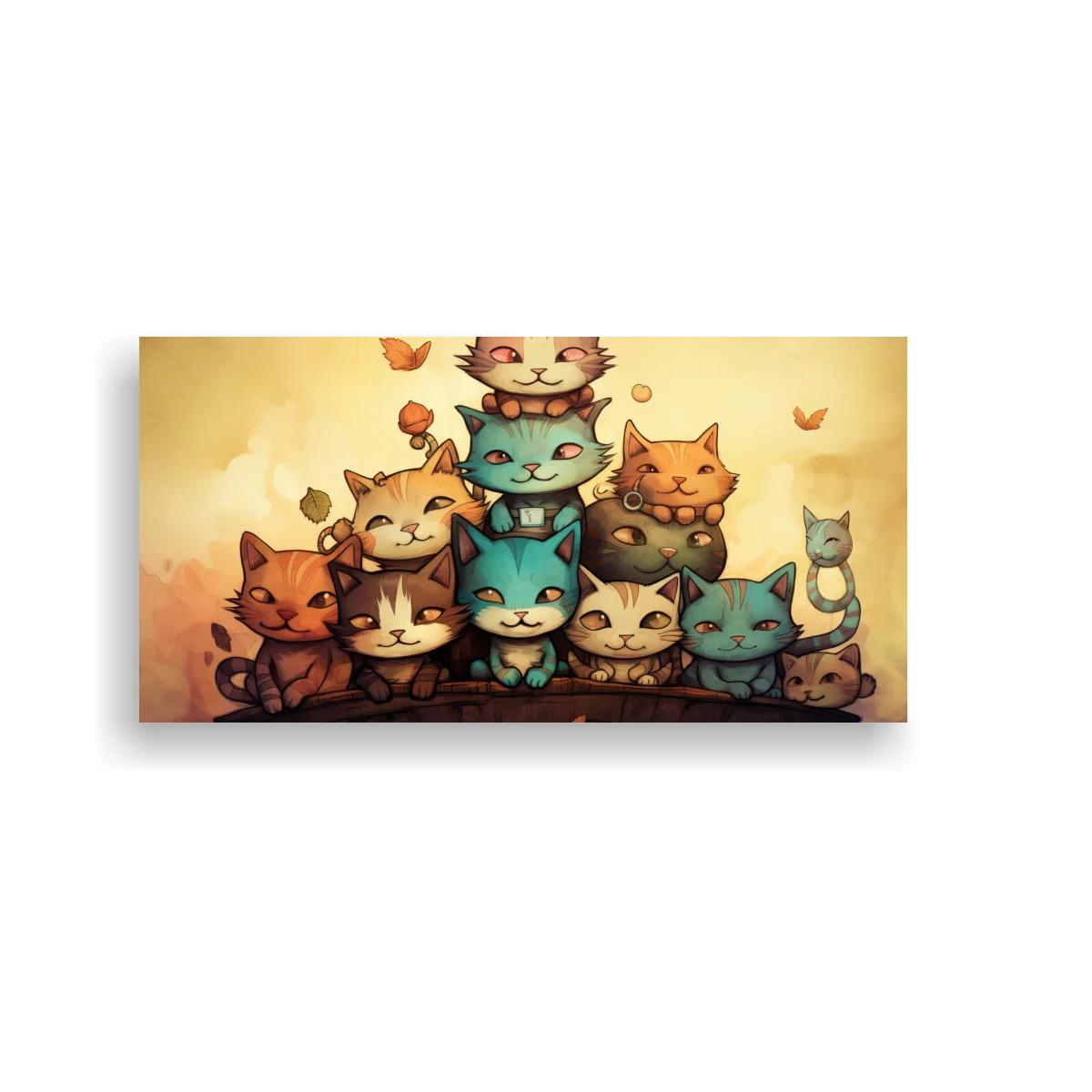 Cuadro grupo de gatos con hojas y mariposas