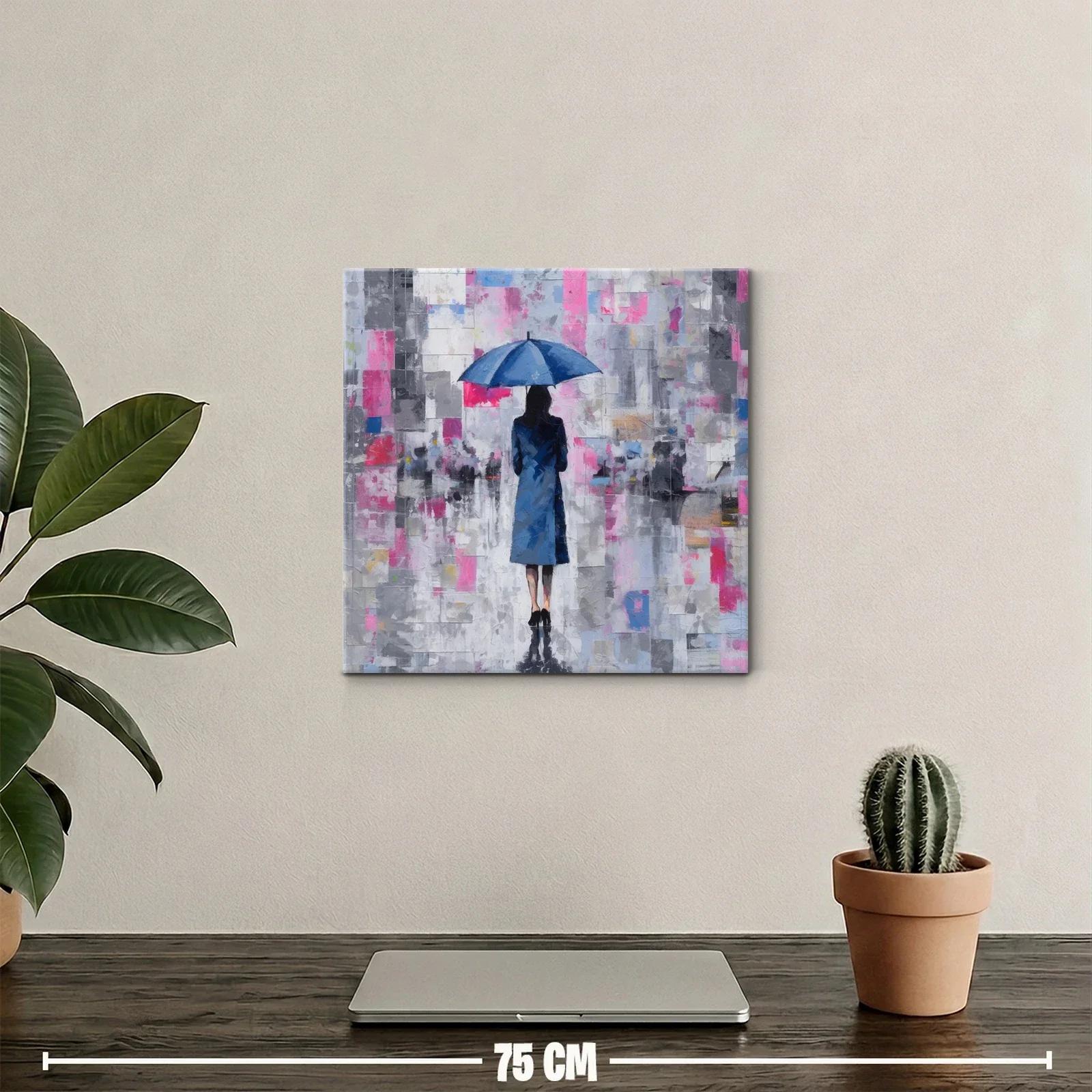 Mujer con paraguas azul en paisaje urbano abstracto — miniatura 2