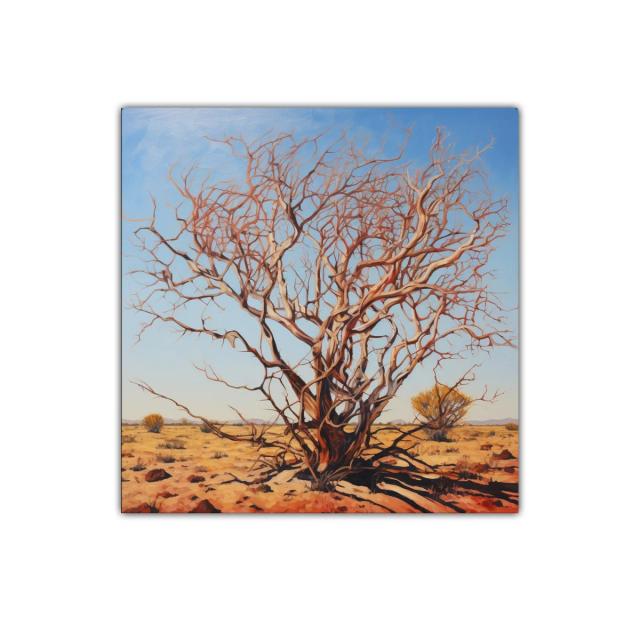 Árbol desnudo en paisaje árido y cielos azules claros