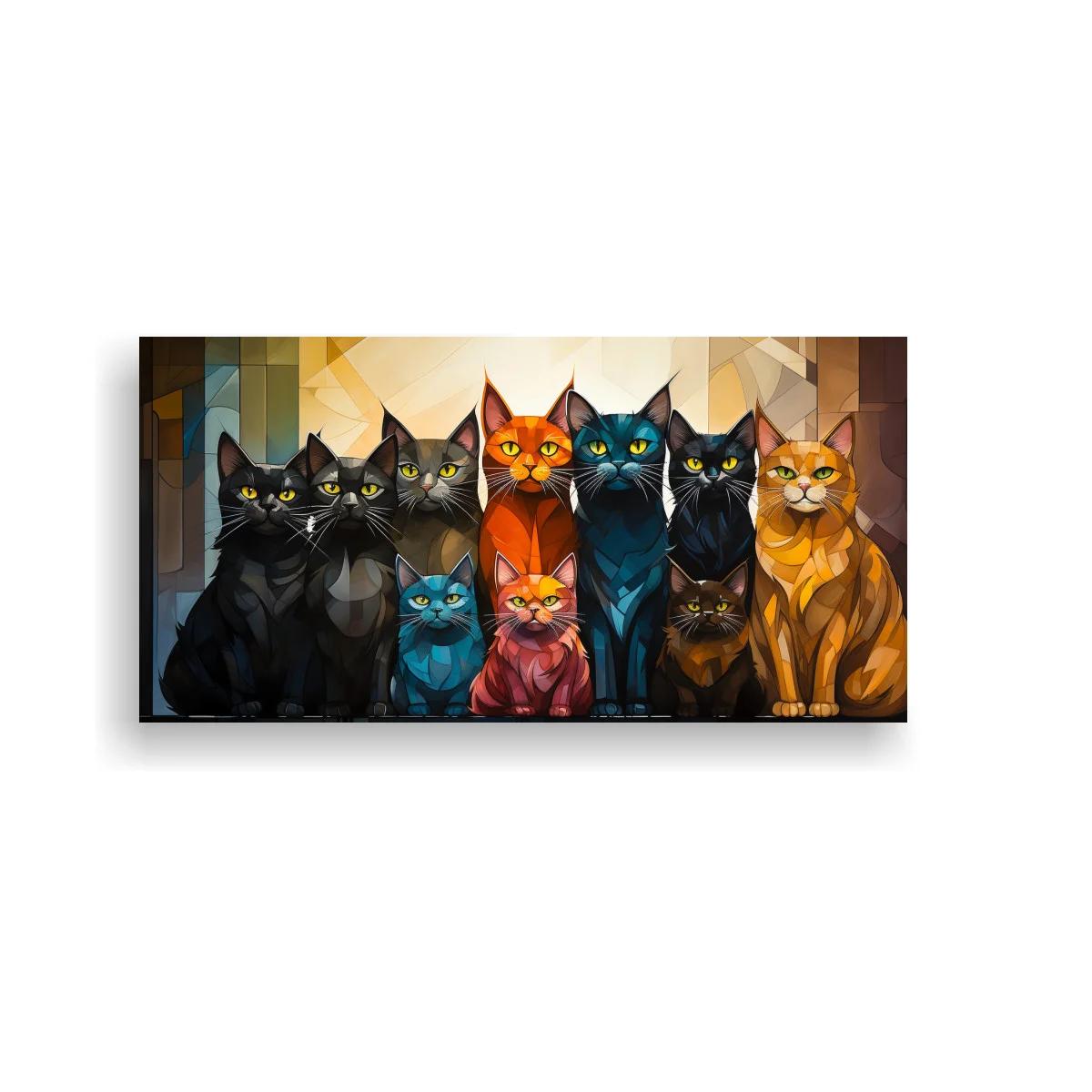 Cuadro grupo de gatos de colores sobre fondo geométrico