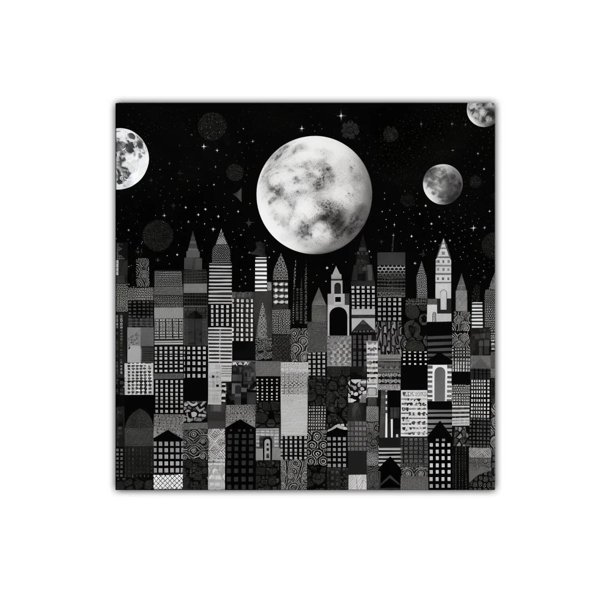 Ciudad nocturna con lunas y cielo estrellado en tonos grises — imagen principal