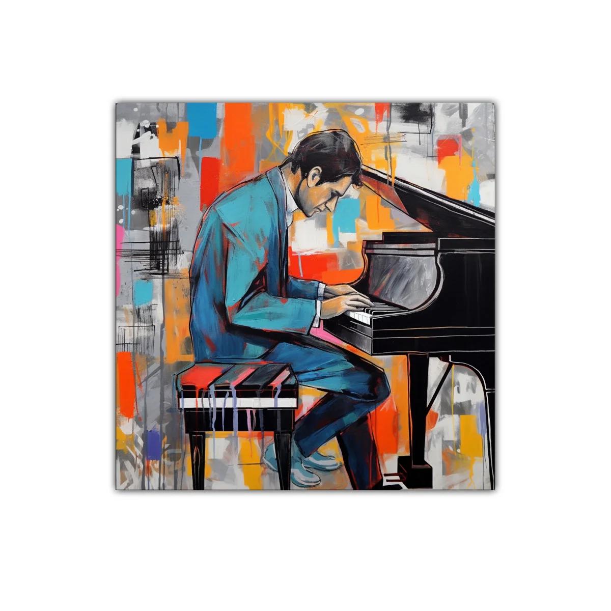 Elegante Retrato de Pianista en Vibrantes Colores Cálidos