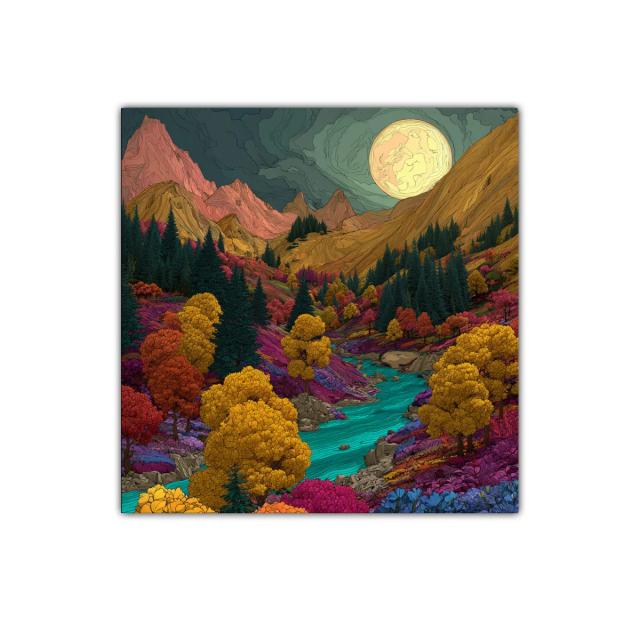 Paisaje vibrante de montaña con río bajo luna llena