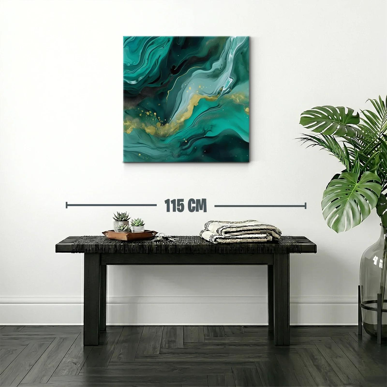 Cuadro abstracto en tonos verdes con detalles dorados — miniatura 2