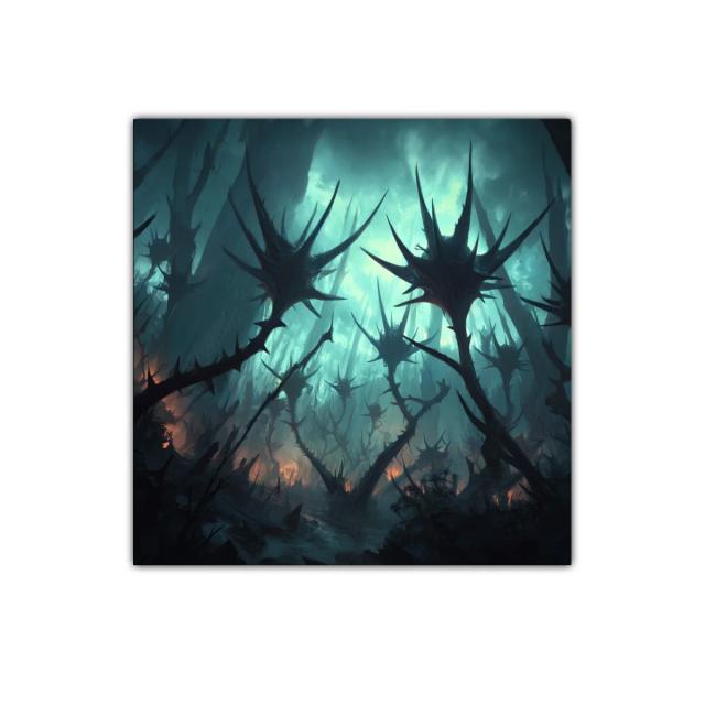 Paisaje oscuro con formas espinosas y luz tenebrosa