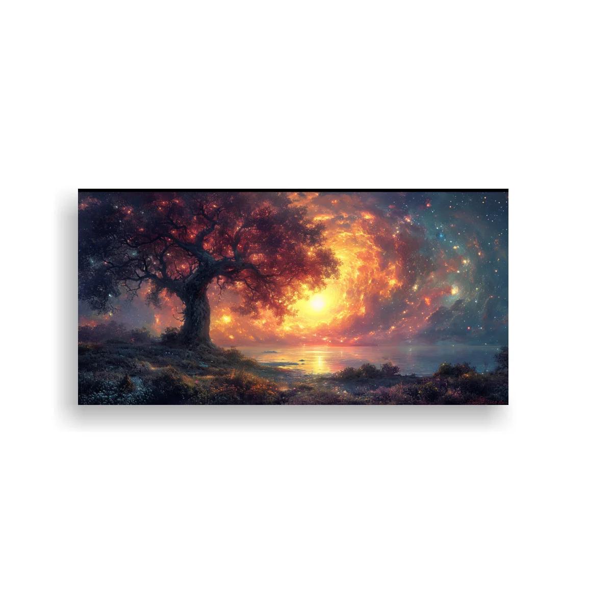 Cuadro árbol junto a un lago con horizonte encendido