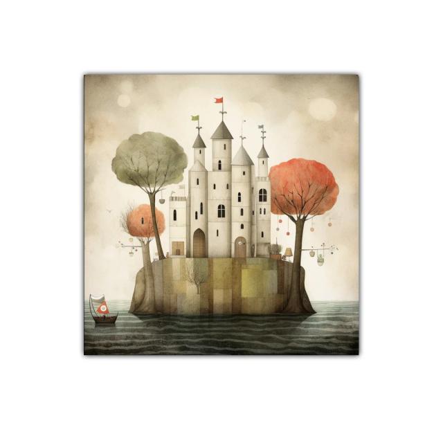 Castillo encantado en isla rodeada de árboles otoño
