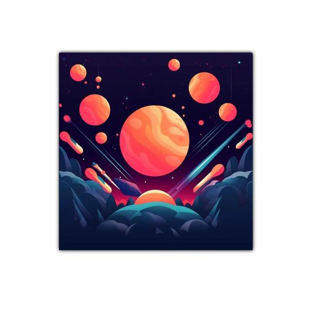Cuadro abstracto con planetas y cielo estrellado vibrante