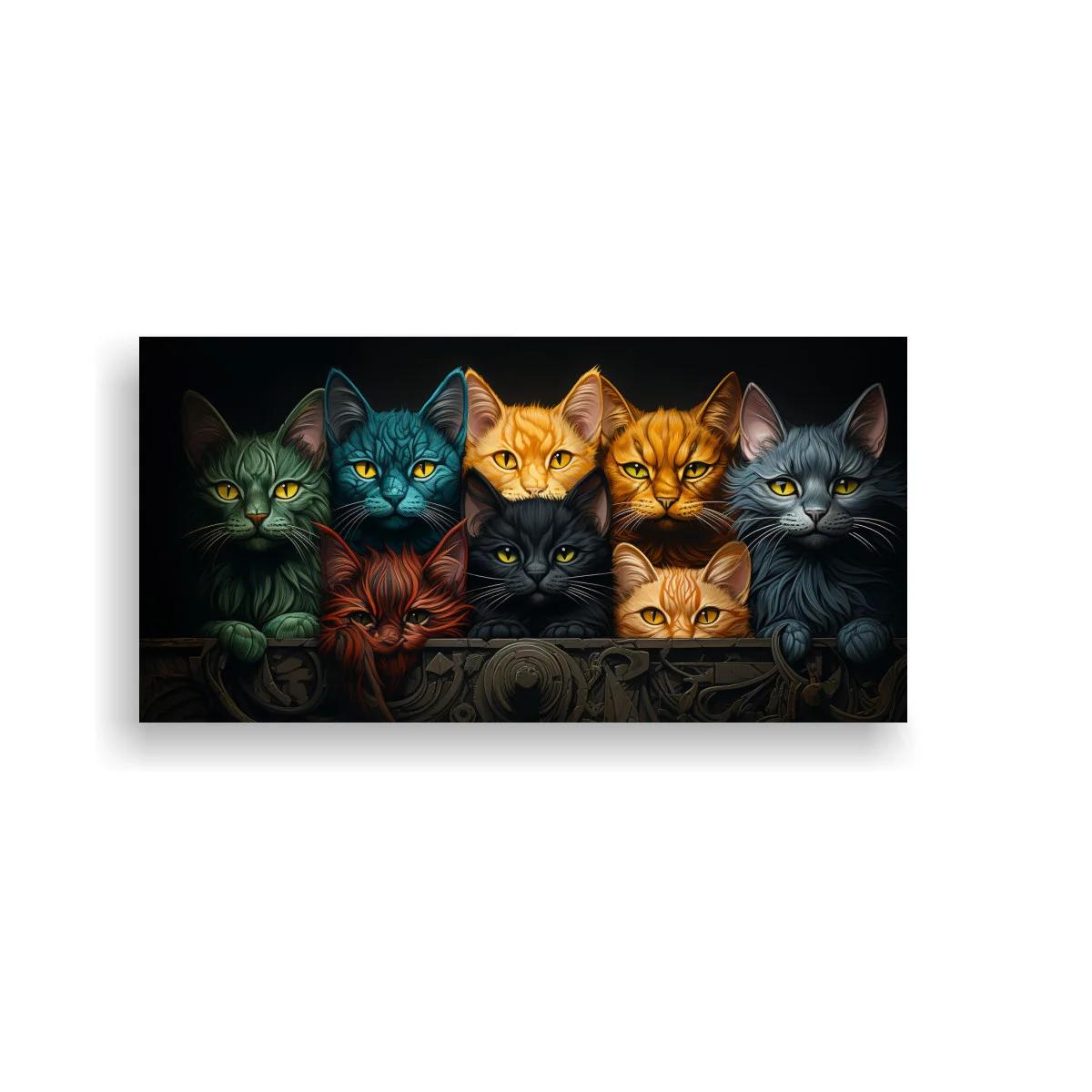 Cuadro grupo de gatos tras una baranda decorada