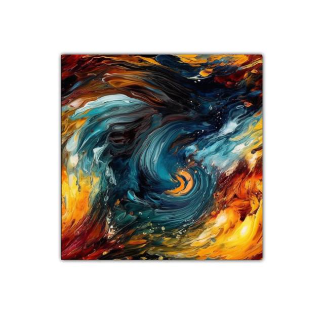 Cuadro abstracto con torbellino de colores intensos y cálidos