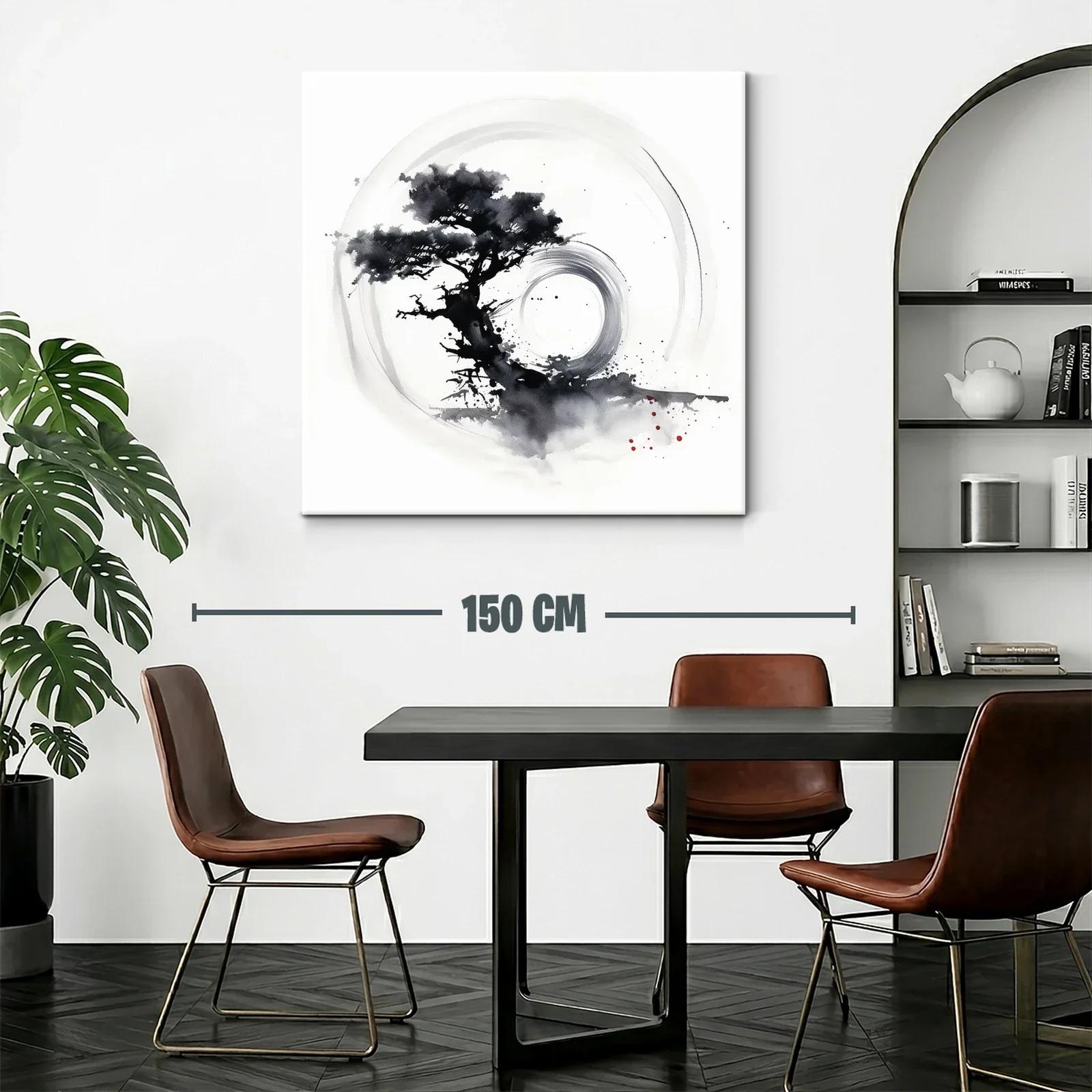 Cuadro árbol zen con círculo en tinta monocroma — miniatura 2