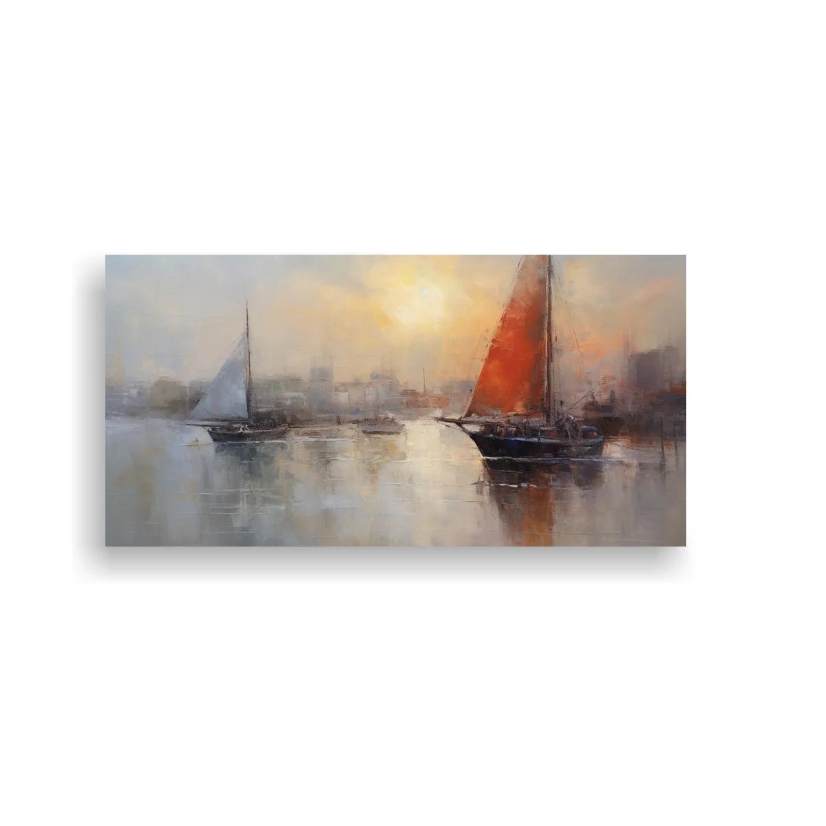 Cuadro velero de vela roja con horizonte urbano borroso