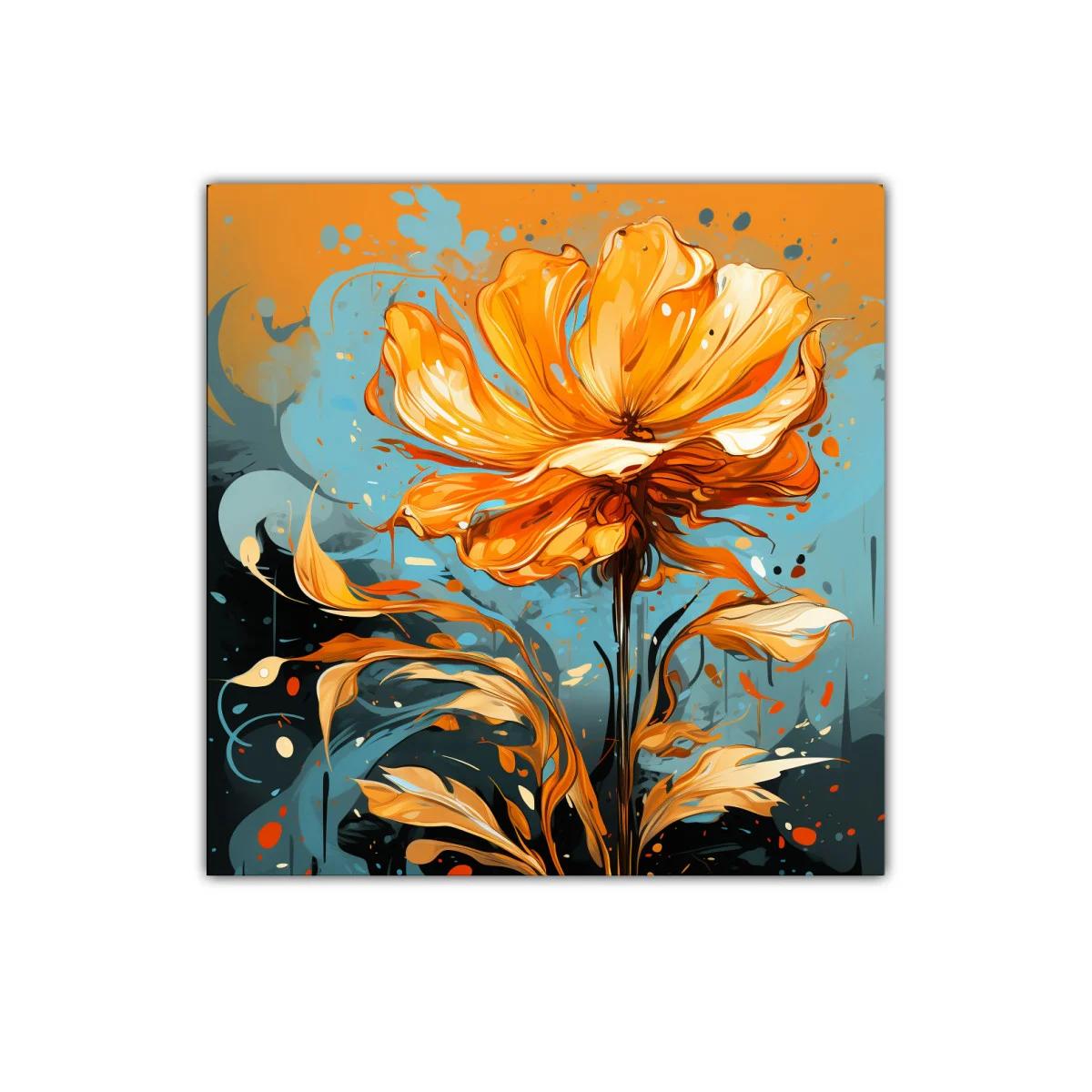 Flor vibrante en tonos cálidos y fondo azul intenso — imagen principal