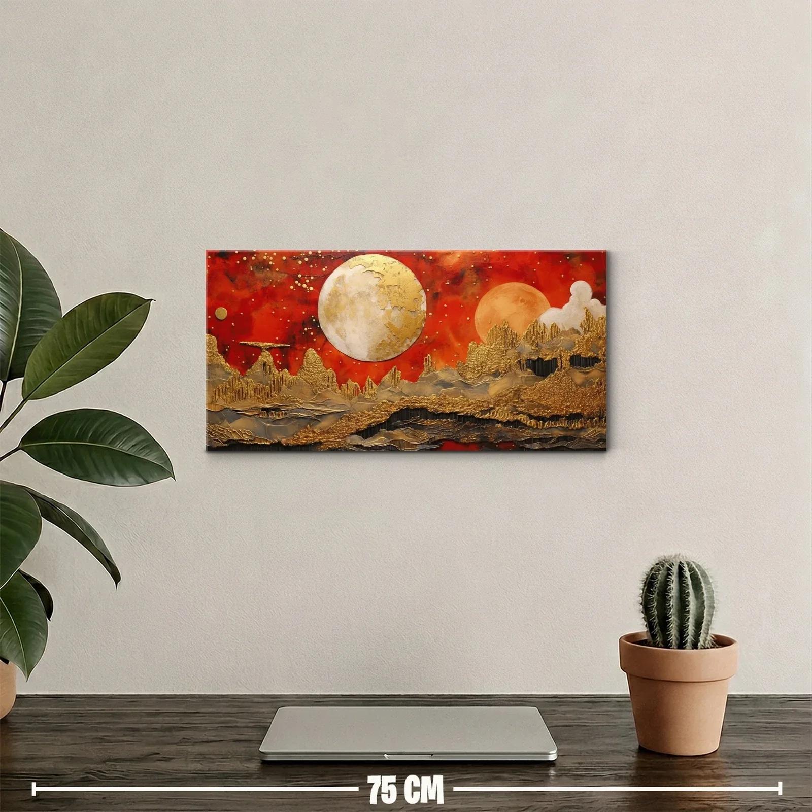 Cuadro paisaje fantástico con dos lunas y montañas doradas — miniatura 2