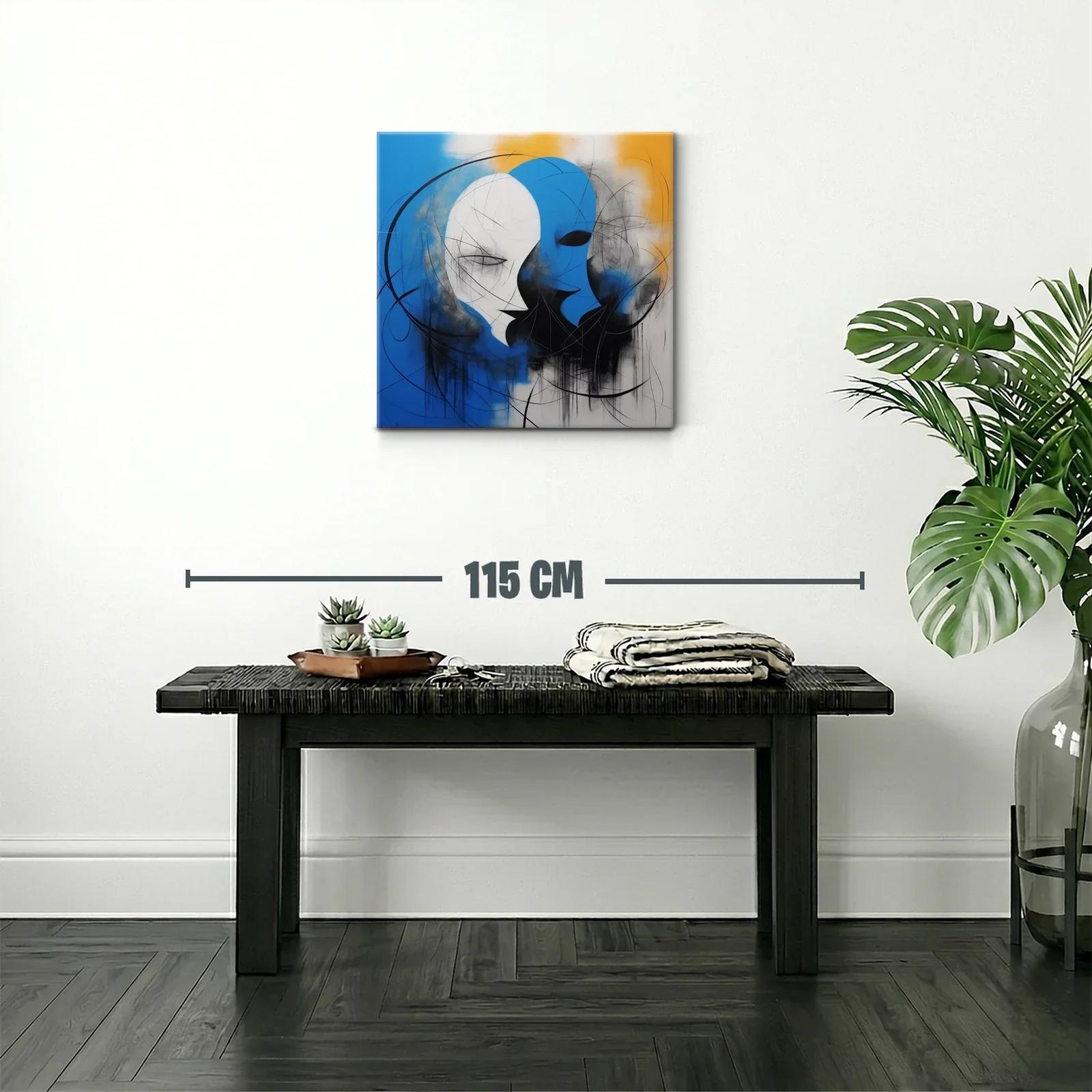 Cuadro abstracto con rostros en azul y blanco vibrante — miniatura 2