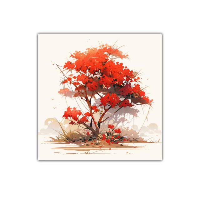 Árbol con flores rojas en paisaje minimalista y cálido
