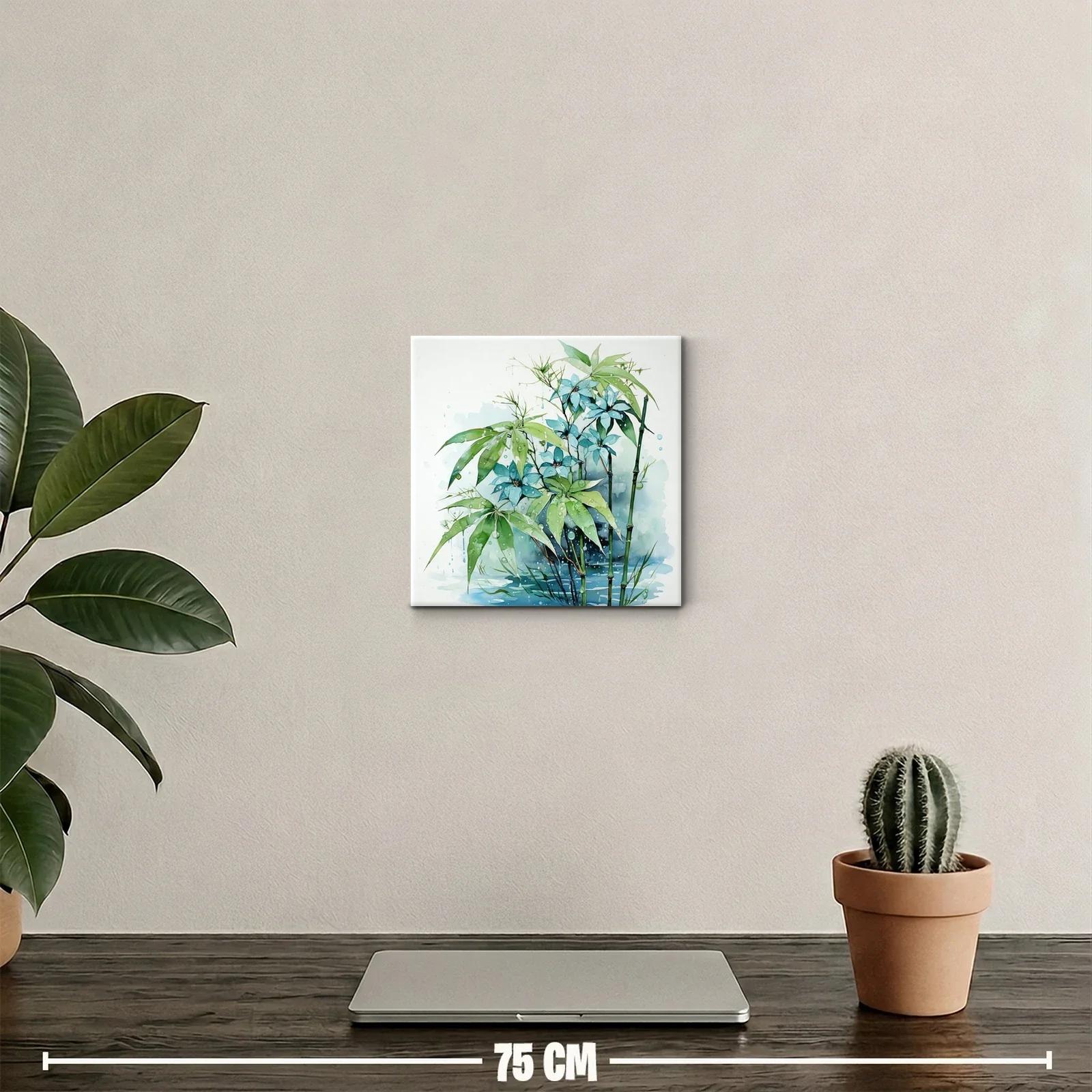 Cuadro con flores azules y hojas verdes en ambiente húmedo — miniatura 2