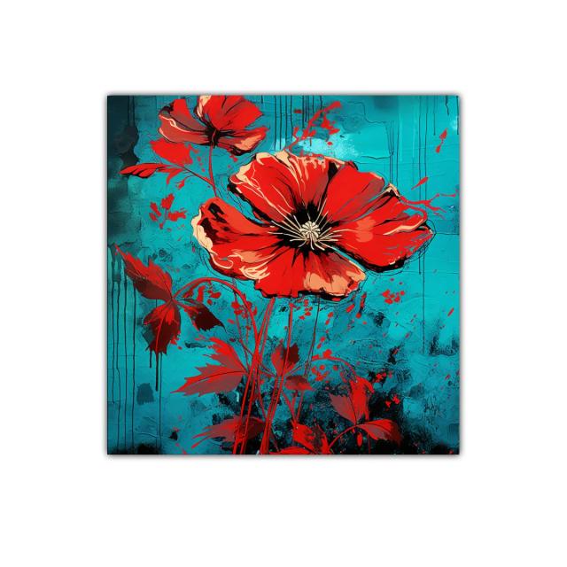 Llamativo cuadro floral con amapolas rojas y fondo azul
