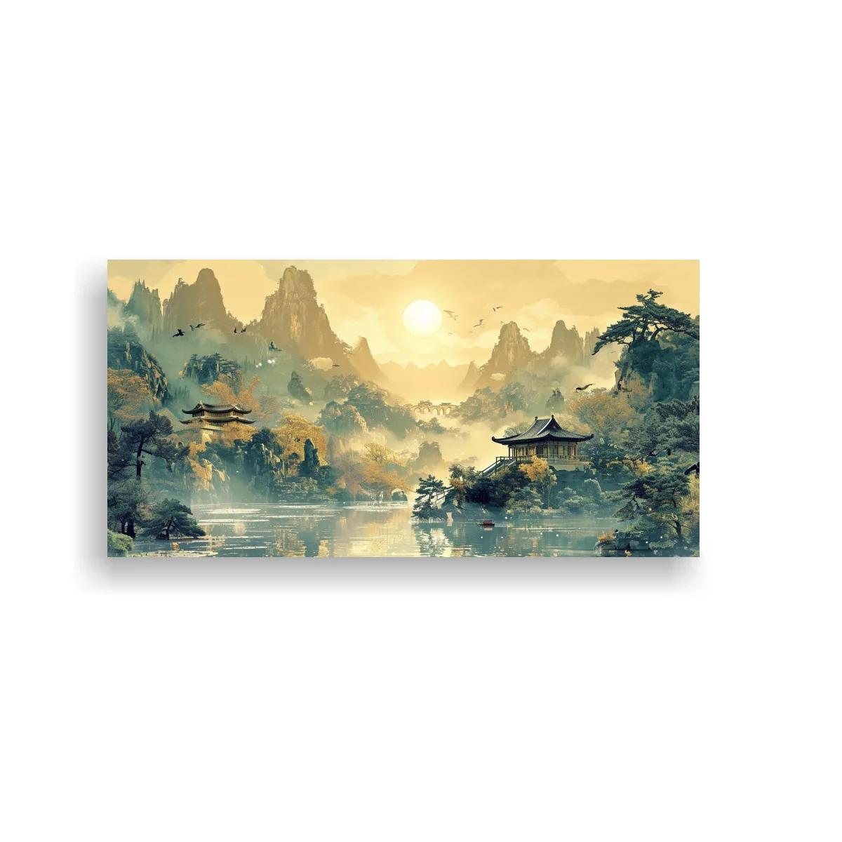 Cuadro paisaje oriental con templos y niebla entre montañas — imagen principal