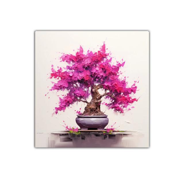 Cuadro decorativo con árbol bonsái y flores rosas intensas