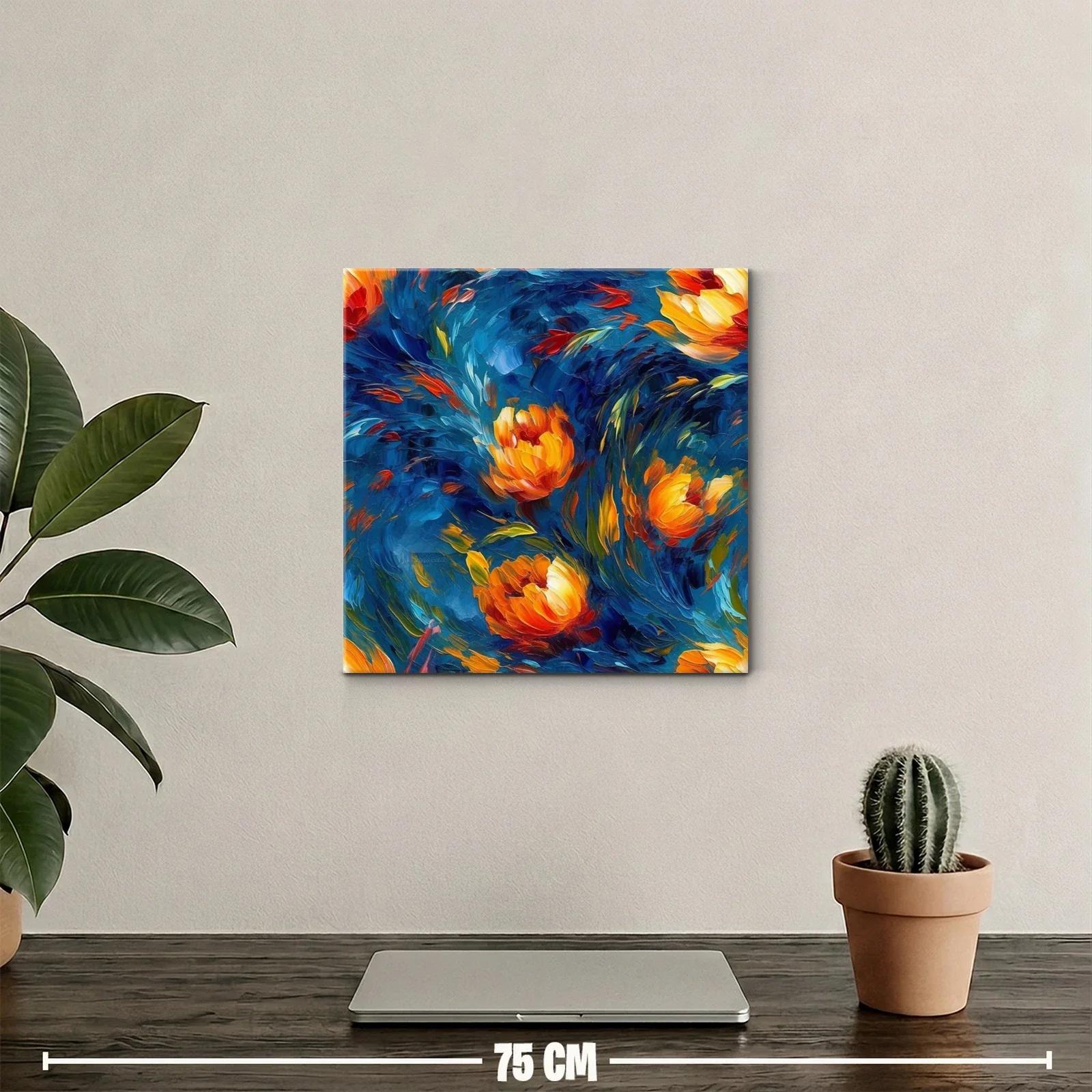 Cuadro vibrante con flores cálidas sobre fondo azul intenso — miniatura 2